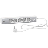 Разклонител 5гнезда & 2USB 1.5м. кабел, бял/Алум. Schuko 5G TS w SW and 2 USB 1.5M WE+AL